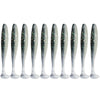 A row of twelve silver and black adjustable soft lure fishing tackle baits.