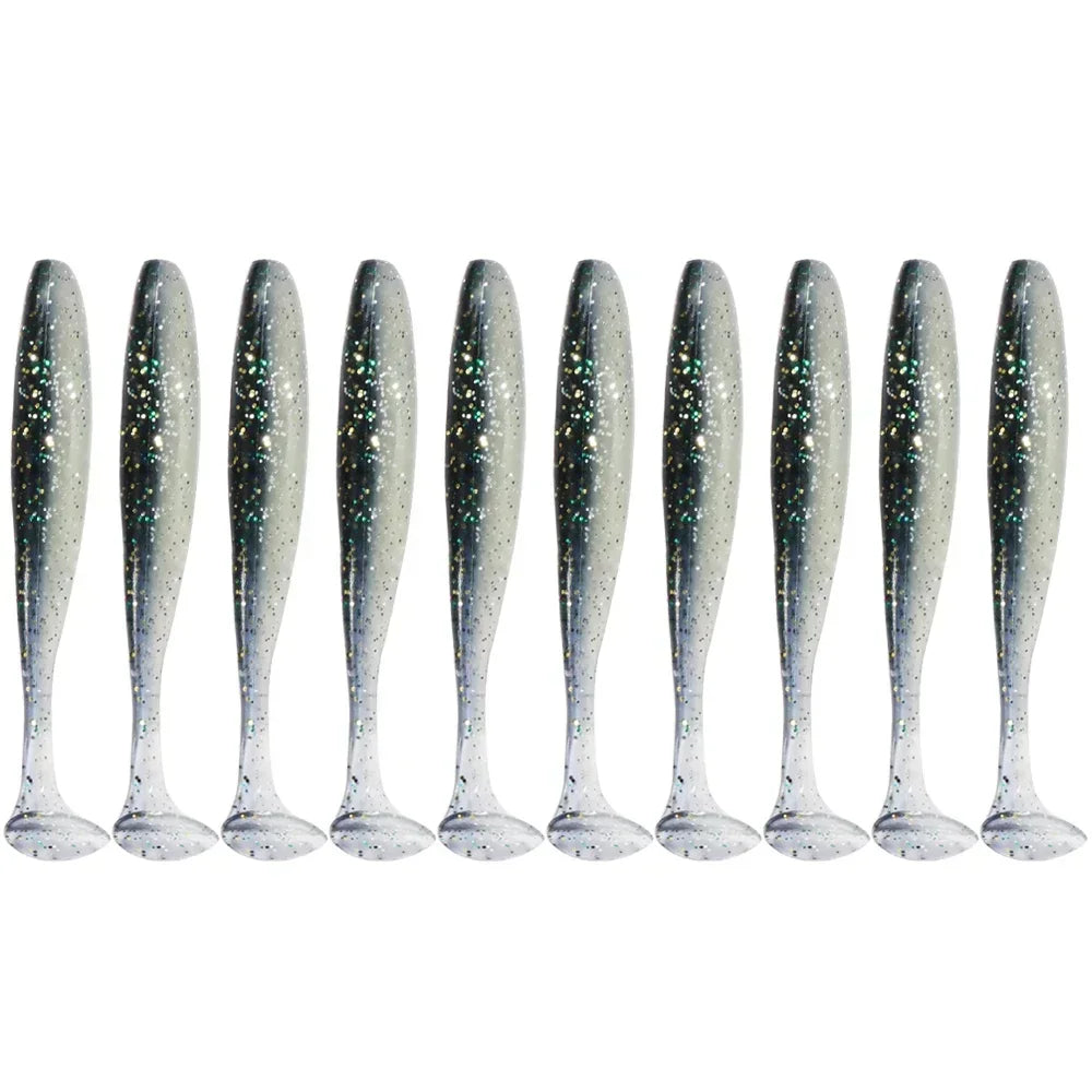 A row of twelve silver and black adjustable soft lure fishing tackle baits.