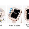 A pink glitter diamond rhinestone bumper case for an Apple Watch shown with features like shockproof design and convenient ch