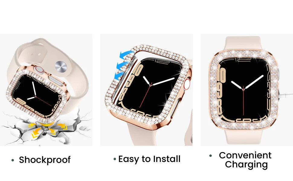 A pink glitter diamond rhinestone bumper case for an Apple Watch shown with features like shockproof design and convenient ch