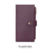 A plum purple RFID bifold wallet with a gold-colored zipper and leather trim.