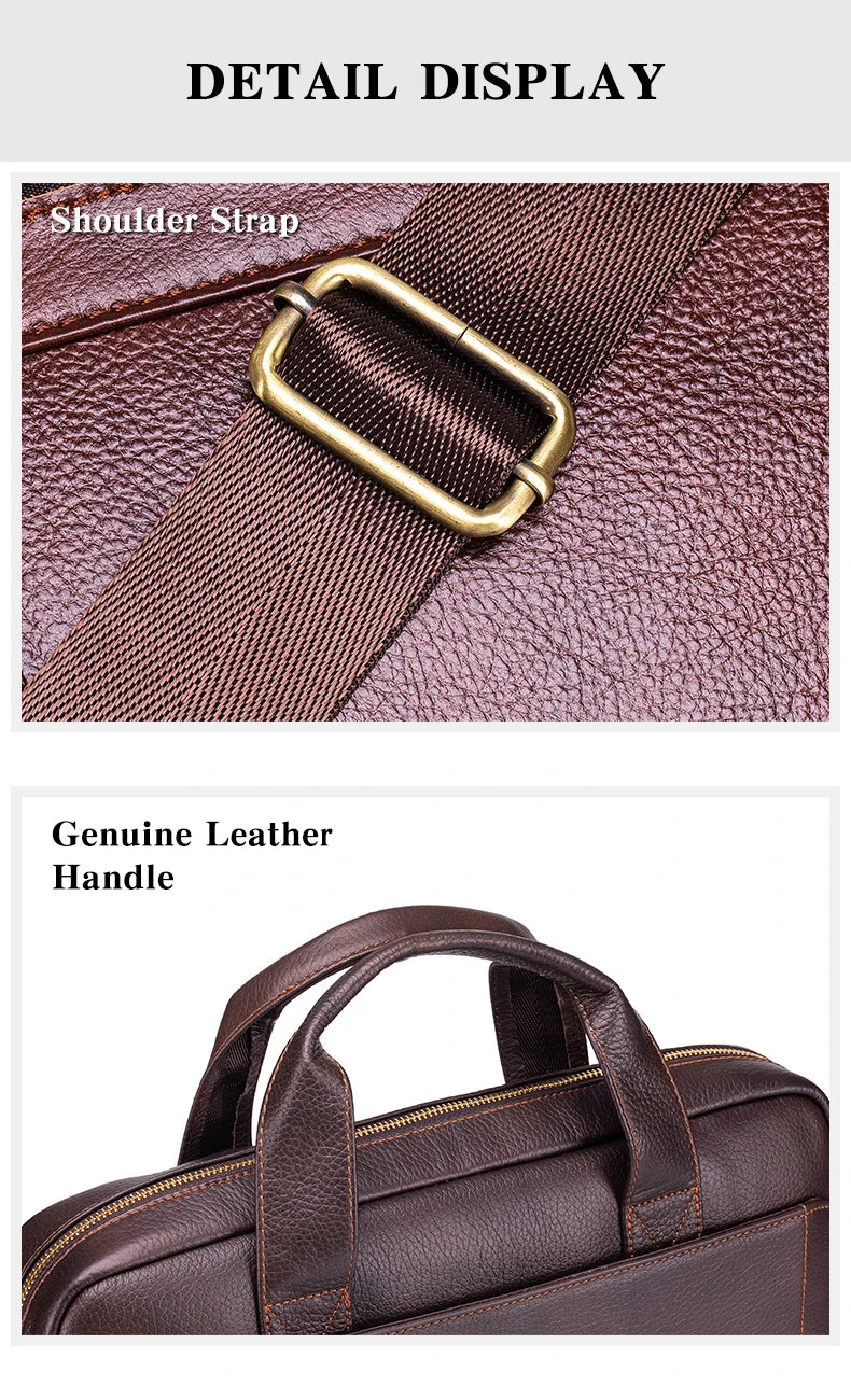 Detail display of a genuine leather briefcase showing the shoulder strap and leather handle.