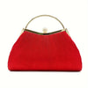 A red pleated evening handbag with a gold top handle and chain strap.