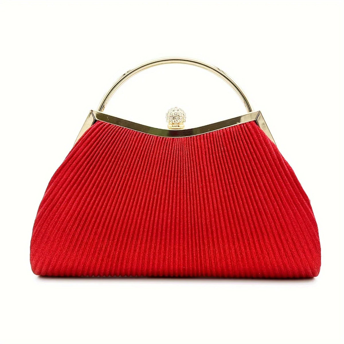 A red pleated evening handbag with a gold top handle and chain strap.