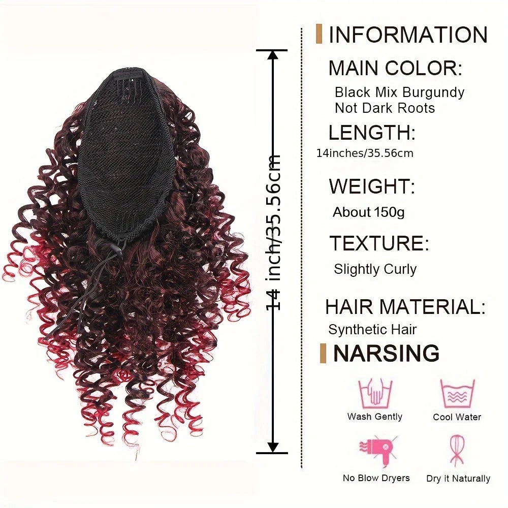 A bundle of black mix burgundy kinky curly hair extensions with a drawstring.