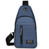 A dark blue men's versatile crossbody sling chest bag with a black strap and a sports logo.