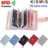 A set of slim RFID-blocking leather card holders in various colors and angles.