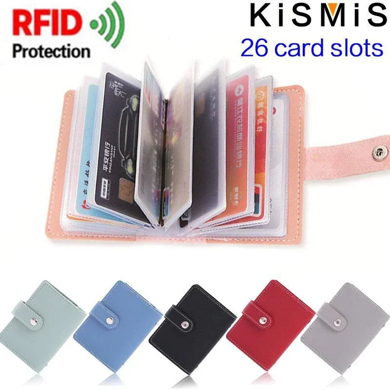 A set of slim RFID-blocking leather card holders in various colors and angles.