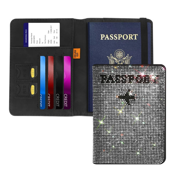 A black passport cover with a blue RFID blocking sleeve and a purple credit card slot.