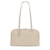 A beige leopard print nylon shoulder tote bag shown from the front.