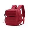 A red tactical MOLLE backpack designed for hiking and everyday carry.