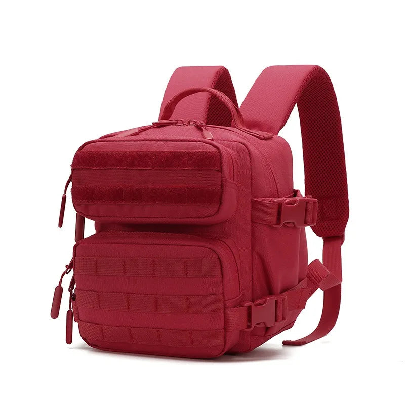A red tactical MOLLE backpack designed for hiking and everyday carry.