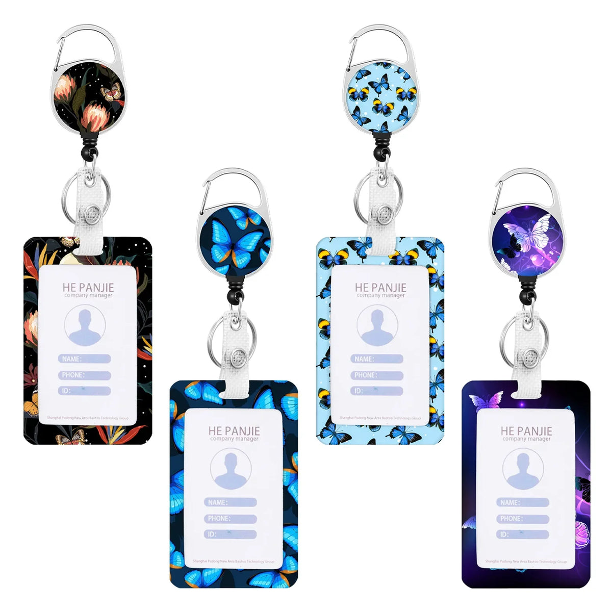 A set of retractable badge reels featuring ID cards with neck straps and colorful floral patterns.