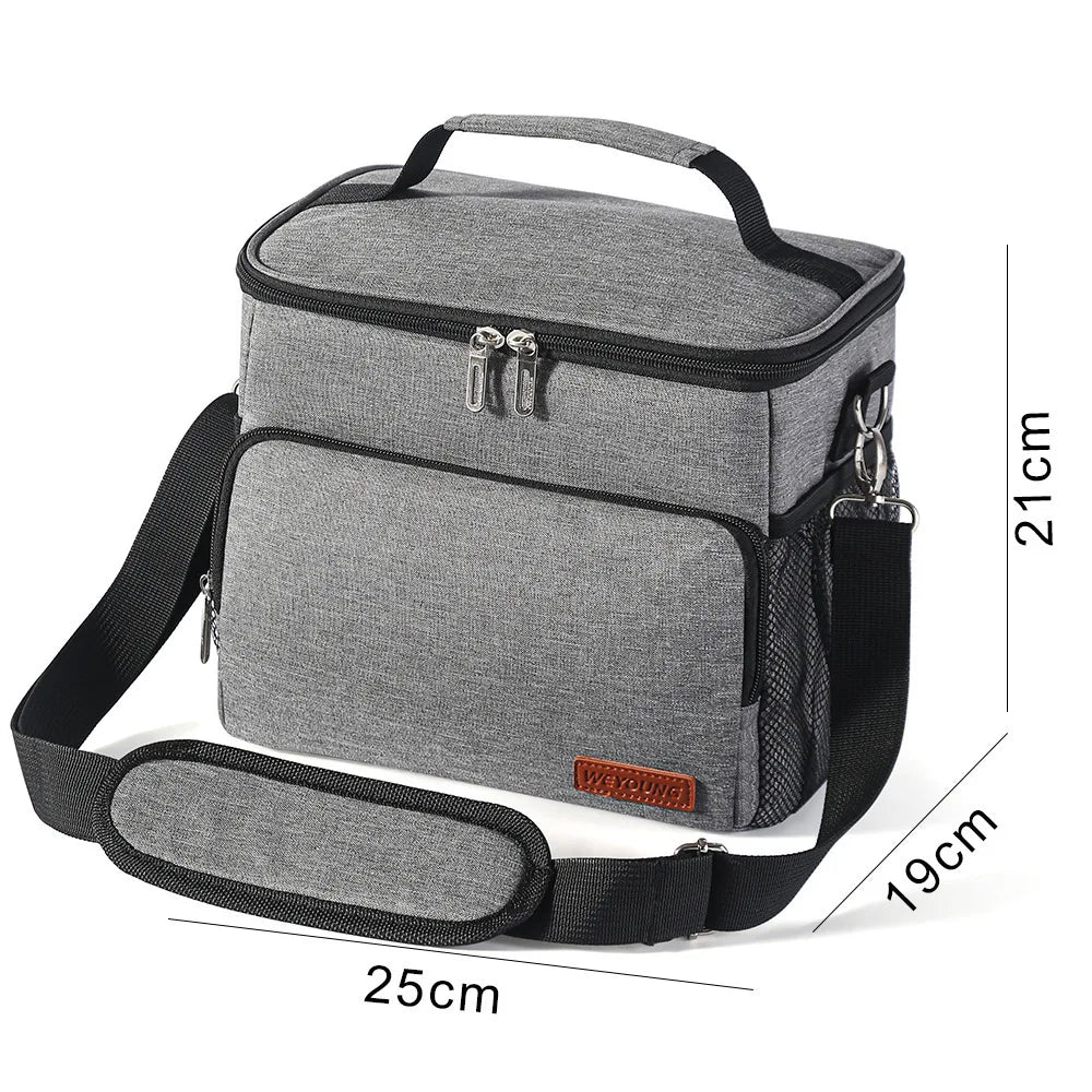 Gray insulated thermal lunch bag with a carrying strap and zippered compartment.
