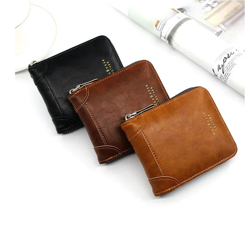 A set of vintage brown and black PU leather zipper card wallets displayed on a white background.