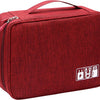 A red portable digital organizer storage pouch with a zipper and icons for charging and power.