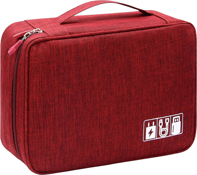 A red portable digital organizer storage pouch with a zipper and icons for charging and power.