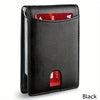 Black slim synthetic leather bifold wallet for men shown in a vertical view