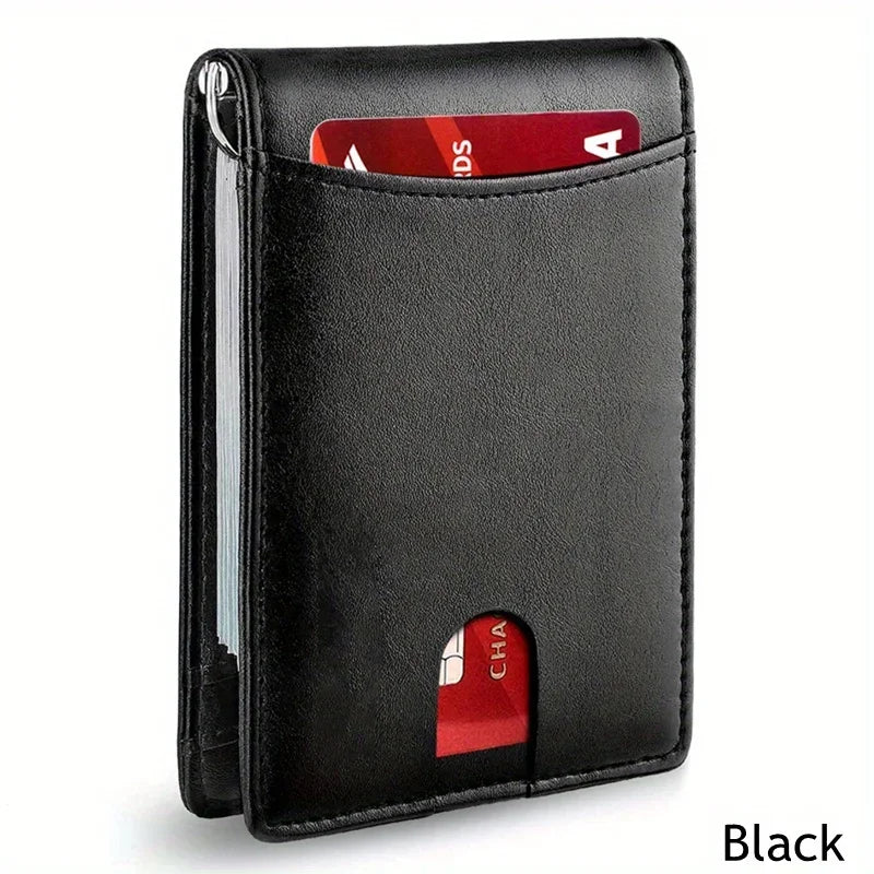Black slim synthetic leather bifold wallet for men shown in a vertical view