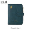 A dark teal Miyin travel wallet made of PU leather with a gold airplane emblem.
