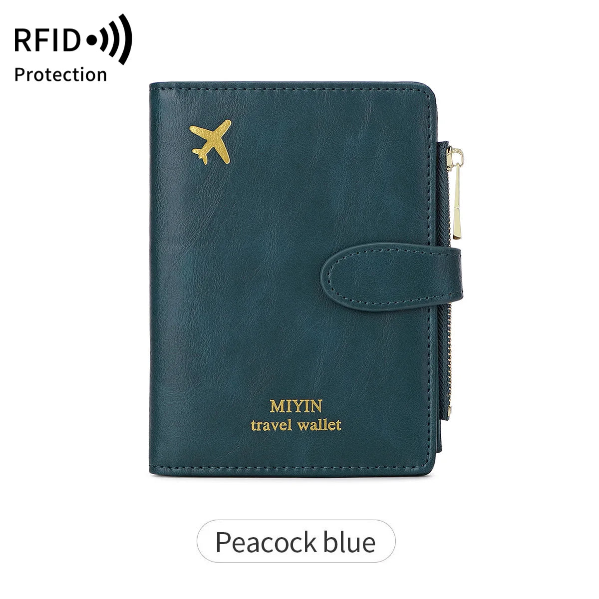 A dark teal Miyin travel wallet made of PU leather with a gold airplane emblem.