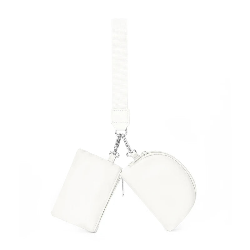 White dual zip keychain wallet wristlet with a white strap