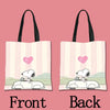 A pair of pink striped tote bags featuring a cartoon dog character on the front and back.