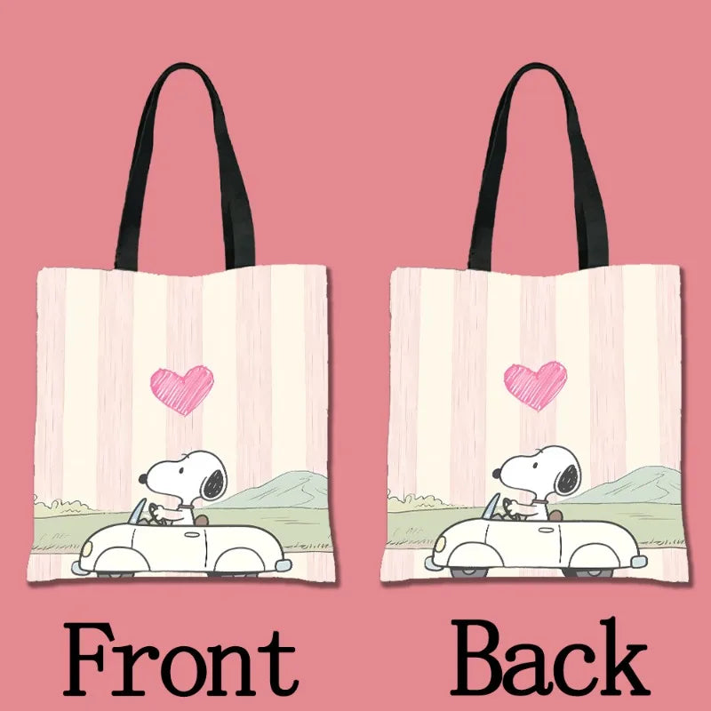 A pair of pink striped tote bags featuring a cartoon dog character on the front and back.