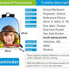 A blue school backpack with a child's face printed on it, showing its dimensions and features.