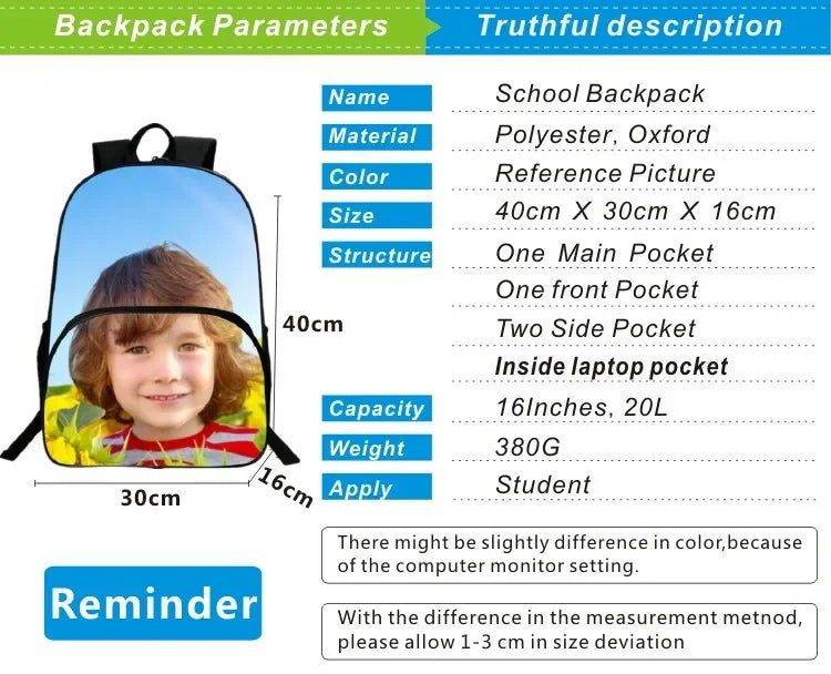 A blue school backpack with a child's face printed on it, showing its dimensions and features.