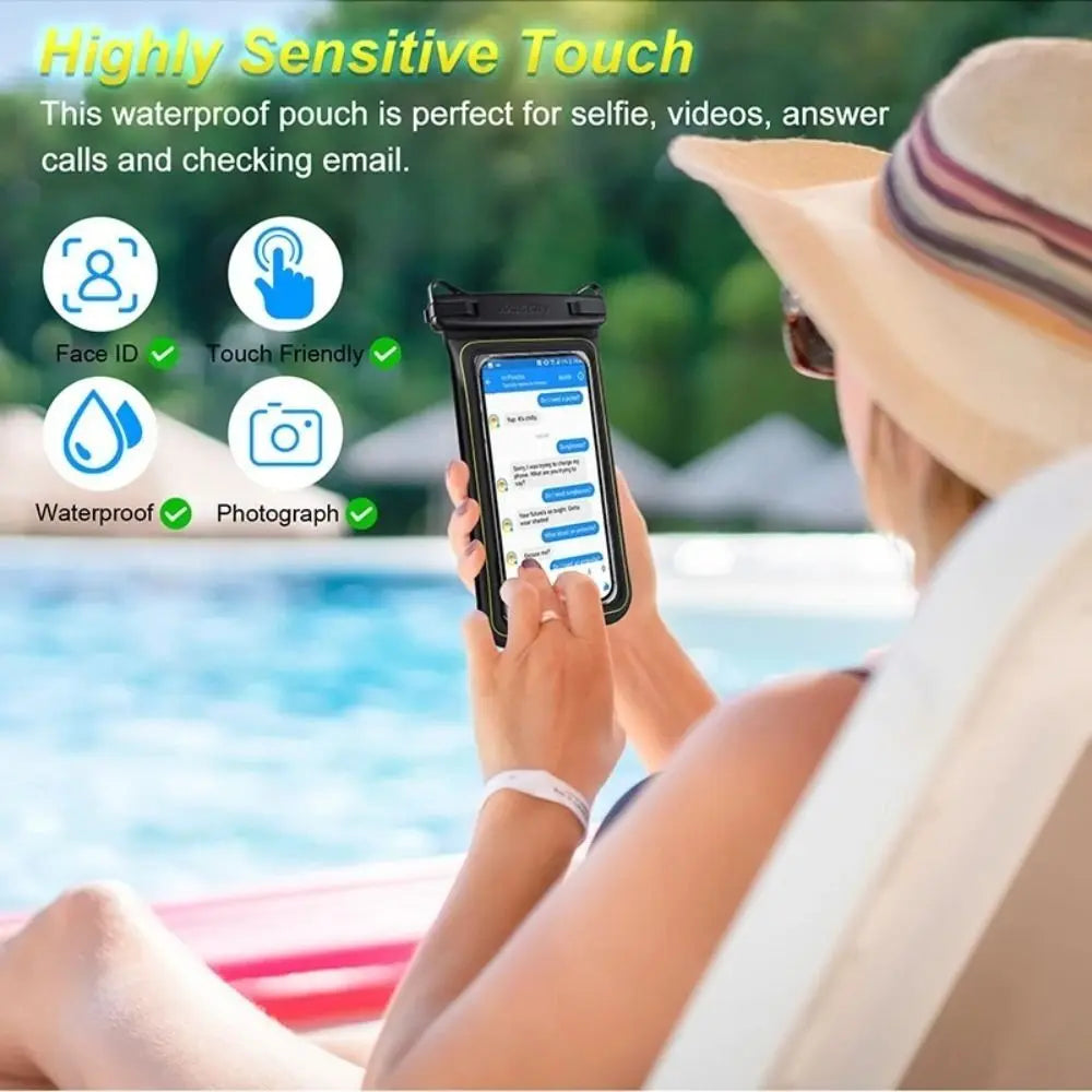 A woman is using a waterproof phone pouch to take a selfie or video near water.