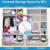 Storage bags are organized in white shelving units showing before and after storage space increase.