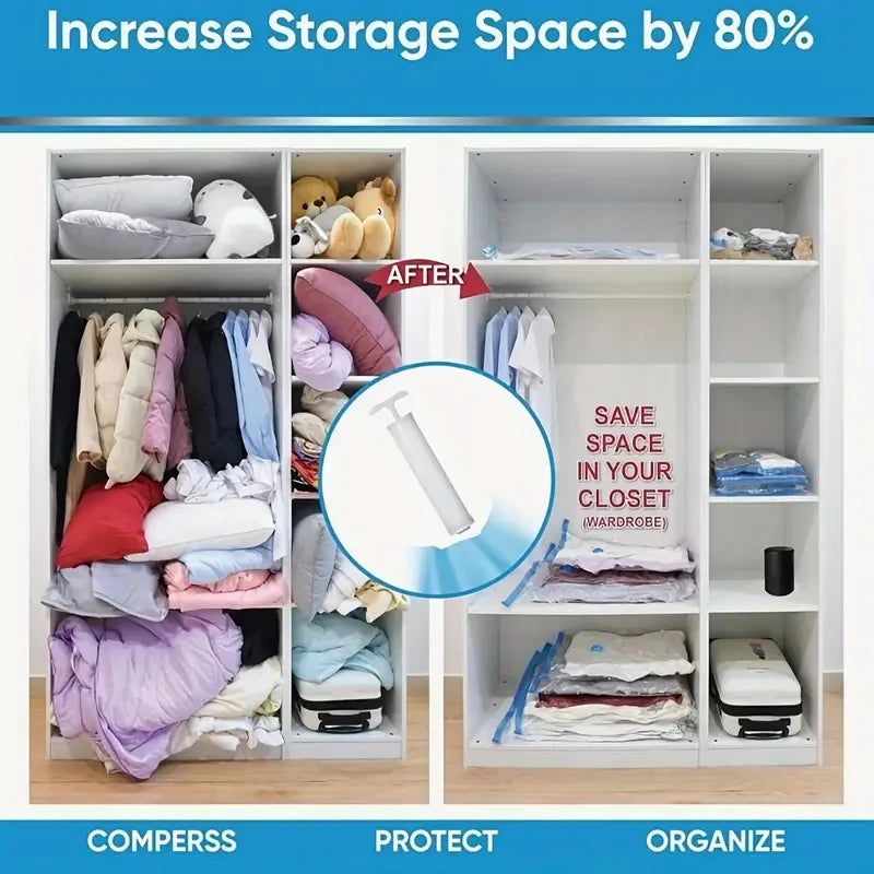 Storage bags are organized in white shelving units showing before and after storage space increase.