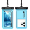 A light blue waterproof phone case with a black strap, showing the back of the case and a white phone inside.