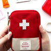 A red pouch containing a white cross first aid kit is held by a hand, showing its size.