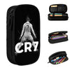 Black zippered pencil case featuring a graphic of Cristiano Ronaldo and the initials CR7