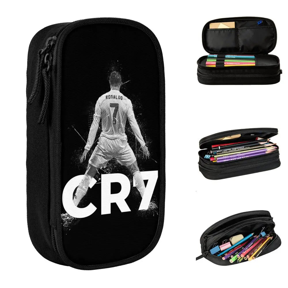 Black zippered pencil case featuring a graphic of Cristiano Ronaldo and the initials CR7