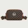 A brown leather crossbody bag featuring a monogram pattern and a silver M logo.