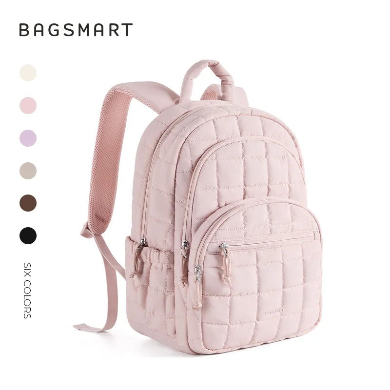 A light pink quilted casual backpack with pink straps and multiple pockets.