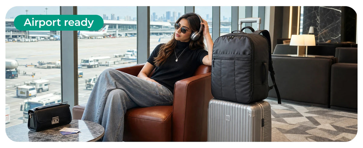 A woman is sitting in a leather chair with a large black laptop backpack next to her, in an airport-ready setting.