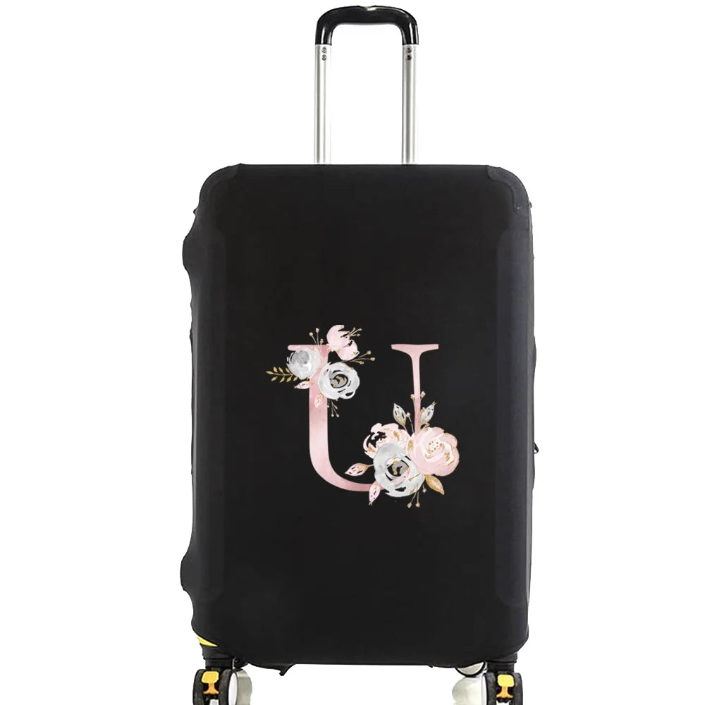 Black luggage with a pink floral design and silver handle.