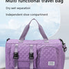 A purple multi functional travel bag with a quilted pattern and independent shoe compartment.