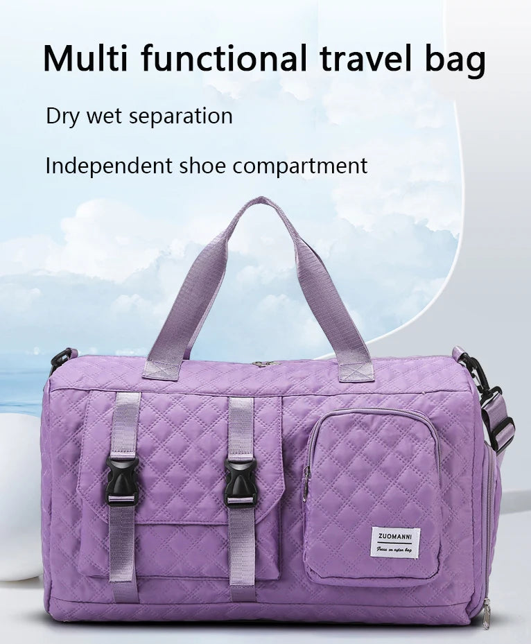 A purple multi functional travel bag with a quilted pattern and independent shoe compartment.