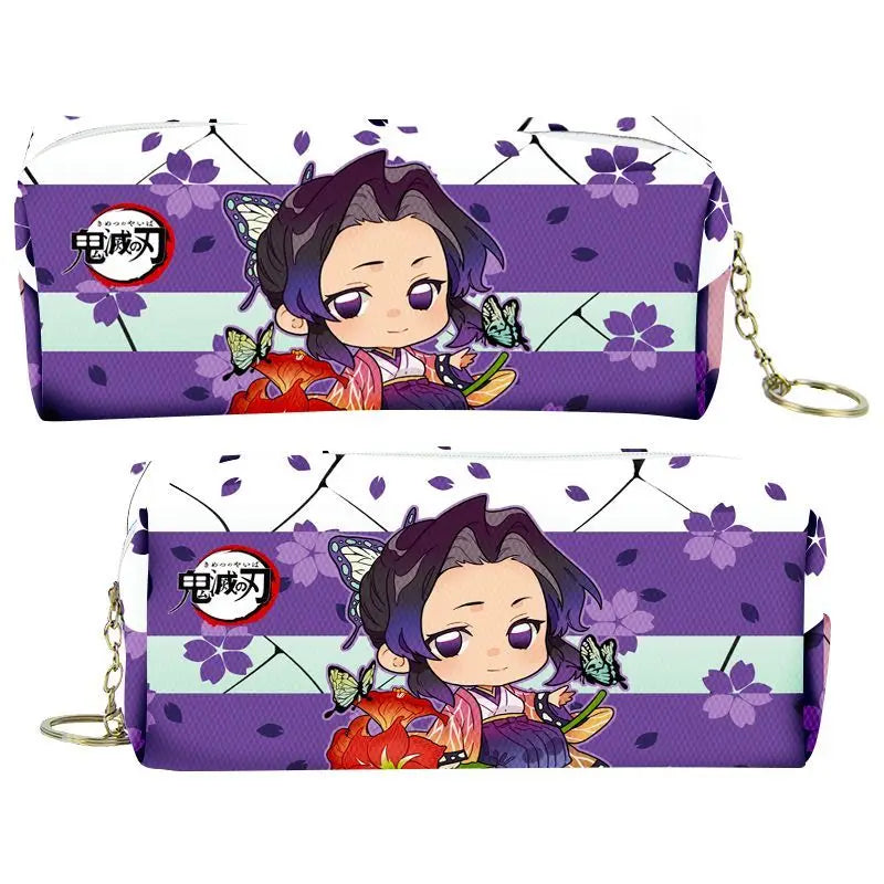 Purple and white Demon Slayer themed PU leather pencil case with a zipper closure