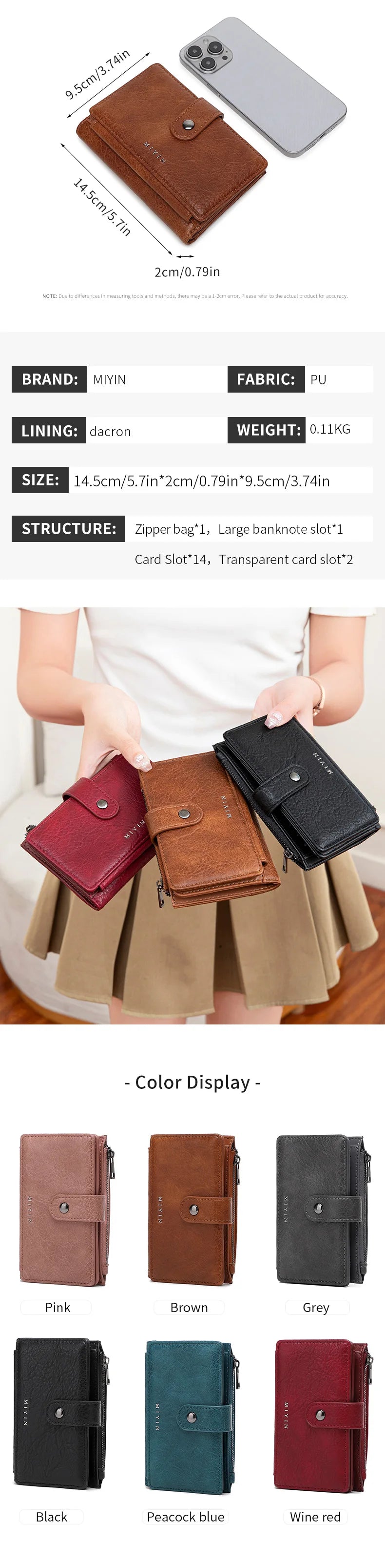A collection of women's clutch wallets in various colors including pink, brown, grey, black, and wine red.