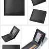 A set of black PU leather folding wallets shown in various angles and configurations.