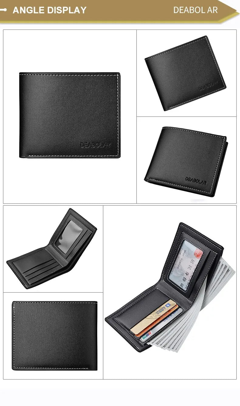 A set of black PU leather folding wallets shown in various angles and configurations.