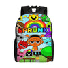 A colorful backpack featuring cartoon characters and a sun design on a bright blue background.