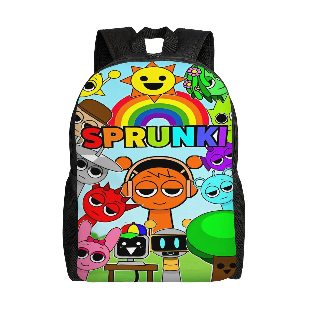 A colorful backpack featuring cartoon characters and a sun design on a bright blue background.