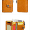 A brown leather RFID anti-theft multi-card wallet for women shown in various views.
